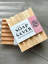 Natural wooden soap saver dish with a joy to jar label 